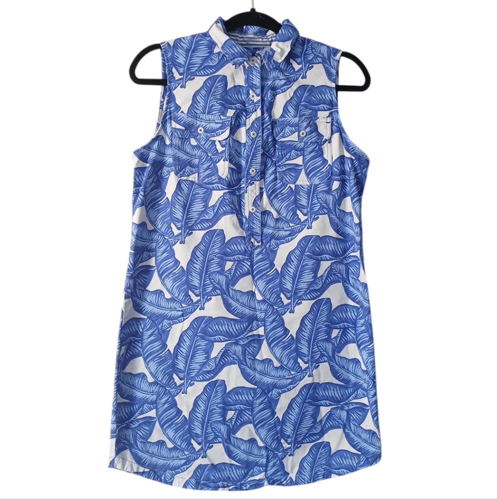 Vineyard Vines Blue and White Sleeveless Leaf Print Dress
